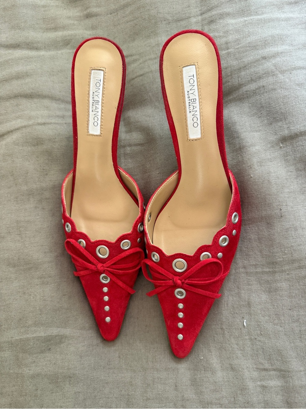 Tony Bianco Red Suede Pointed Toe Grommet Mules